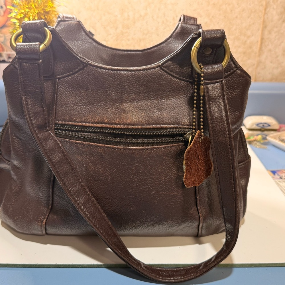 Women's Dark Brown Leather Shoulder Bag with Gold Rings